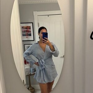 100% linen Monday Swimwear Light Blue Mini Wrap Dress